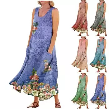 Женское летнее повседневное модное платье без рукавов с карманом и круглым вырезом