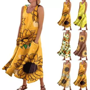 Женское летнее повседневное модное платье без рукавов с карманом и круглым вырезом