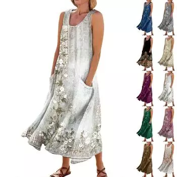 Женское летнее повседневное модное платье без рукавов с круглым вырезом и карманом в стиле ретро L чёрный