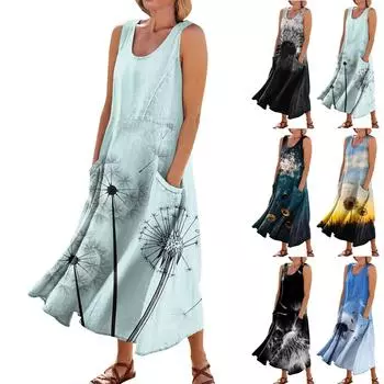 Женское летнее повседневное модное платье без рукавов с круглым вырезом и карманом в стиле ретро L чёрный