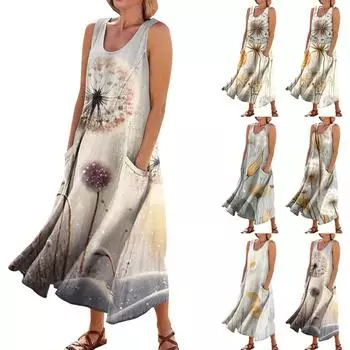 Женское летнее повседневное модное платье без рукавов с карманом и круглым вырезом L