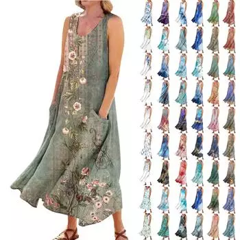 Женское летнее повседневное модное платье без рукавов с карманом и круглым вырезом