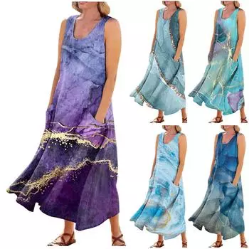 Женское летнее повседневное модное платье без рукавов с карманом и круглым вырезом