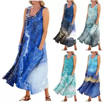 Женское летнее повседневное модное платье без рукавов с карманом и круглым вырезом