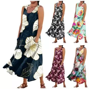 Женское летнее повседневное модное платье без рукавов с карманом и круглым вырезом L чёрный