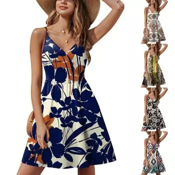 Женское летнее повседневное модное платье без рукавов с v-образным вырезом и разрезом с цветочным принтом S хаки