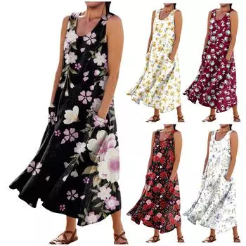 Женское летнее повседневное модное платье без рукавов с карманом и круглым вырезом L чёрный