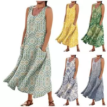 Женское летнее повседневное модное платье без рукавов с карманом и круглым вырезом L синий