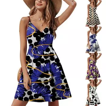 Женское летнее повседневное модное платье без рукавов с v-образным вырезом и разрезом с цветочным принтом M чёрный