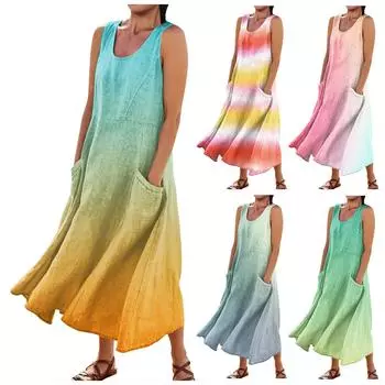 Женское летнее повседневное модное платье без рукавов с карманом и круглым вырезом L синий