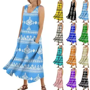 Женское летнее повседневное модное платье без рукавов с цветочным принтом и карманами Платье без рукавов с карманами XXL чёрный