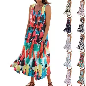 Женское летнее повседневное модное платье без рукавов с цветочным принтом и карманом S