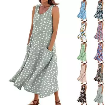 Женское летнее повседневное модное платье без рукавов с цветочным принтом и карманом XL красный