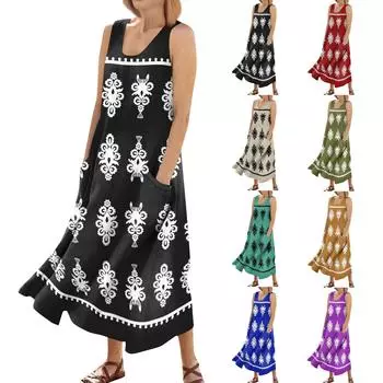 Женское летнее повседневное модное платье без рукавов с цветочным принтом и карманами Платье без рукавов с карманами XL циан