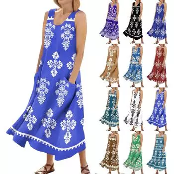 Женское летнее повседневное модное платье без рукавов с цветочным принтом и карманами Платье без рукавов с карманами L чёрный