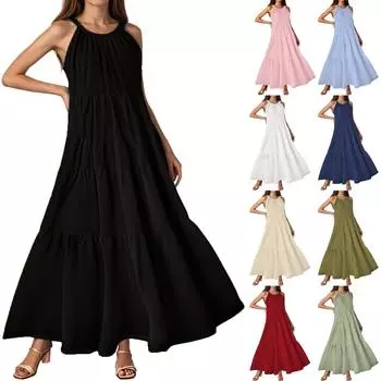 Женское летнее повседневное модное платье без рукавов на подтяжках L бежевый