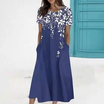 Женское летнее повседневное модное платье с коротким рукавом и карманом с круглым вырезом XL