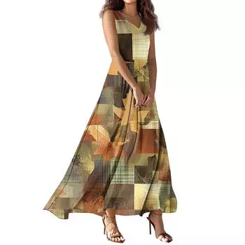 Женское летнее повседневное модное платье с принтом, платье без рукавов с V-образным вырезом L коричневый