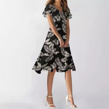 Женское летнее повседневное модное платье с цветочным принтом и V-образным вырезом, короткая юбка с коротким рукавом L чёрный
