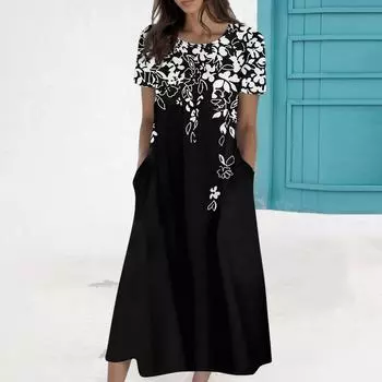 Женское летнее повседневное модное платье с коротким рукавом и карманом с круглым вырезом L чёрный