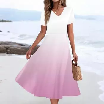 Женское летнее повседневное модное платье с принтом и карманом, коротким рукавом и V-образным вырезом M