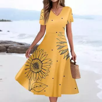 Женское летнее повседневное модное платье с принтом и карманом, коротким рукавом и V-образным вырезом L