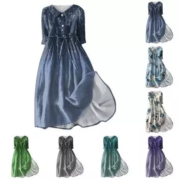 Женское летнее повседневное модное платье с отворотом и пуговицами с рукавами три четверти и ремнем L синий