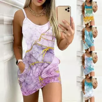 Женское летнее повседневное модное платье с V-образным вырезом и карманом на бретельках S синий