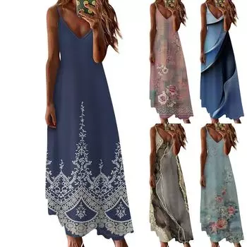 Женское летнее повседневное модное платье с v-образным вырезом и винтажным цветочным принтом, большое длинное платье без рукавов, повседневные платья без рукавов L серый