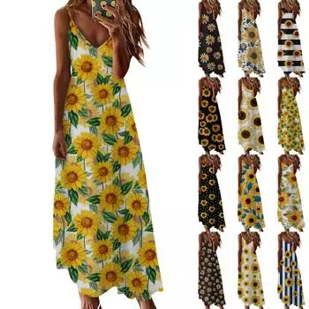 Женское летнее повседневное модное платье с v-образным вырезом и принтом подсолнечника, длинное платье без рукавов, повседневное платье без рукавов L чёрный