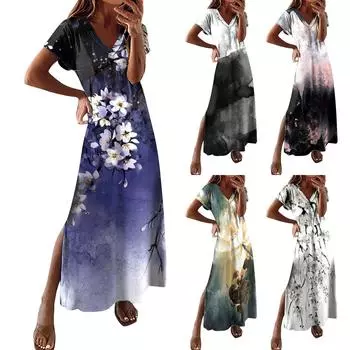 Женское летнее повседневное модное платье с коротким рукавом и V-образным вырезом с разрезом и цветочным принтом XXL чёрный