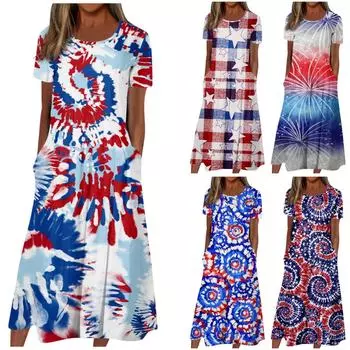 Женское летнее повседневное модное платье с коротким рукавом и карманом на День независимости с коротким рукавом L