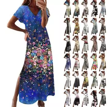 Женское летнее повседневное модное платье с коротким рукавом и V-образным вырезом с разрезом и цветочным принтом XXL коричневый