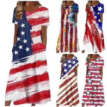 Женское летнее повседневное модное платье с коротким рукавом и карманом на День независимости с коротким рукавом L синий