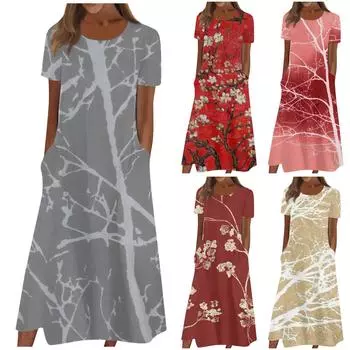Женское летнее повседневное модное платье с цветочным принтом и коротким рукавом с круглым вырезом и карманом L киноварь