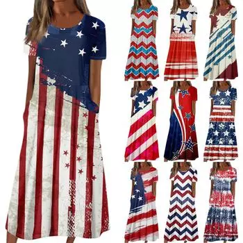 Женское летнее повседневное модное платье с коротким рукавом и карманом на День независимости с коротким рукавом L синий