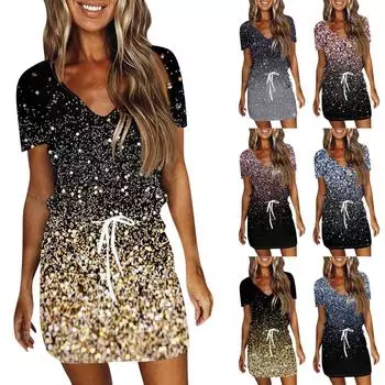 Женское летнее повседневное модное платье с короткими рукавами и V-образным вырезом с принтом XXL