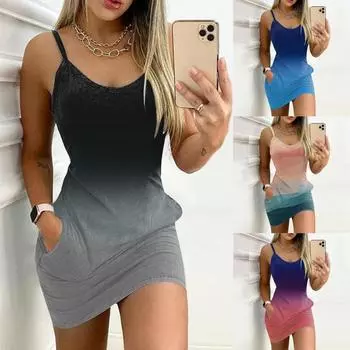 Женское летнее повседневное модное платье с V-образным вырезом и карманом на бретельках One size синий