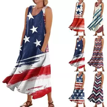 Женское летнее повседневное модное платье с карманом и круглым вырезом без рукавов на День независимости L бежевый