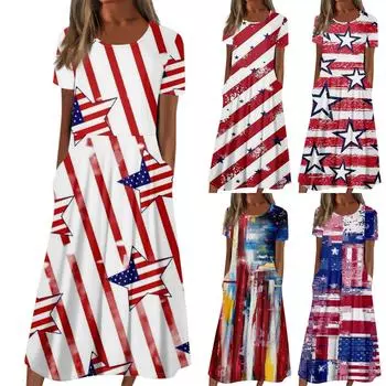 Женское летнее повседневное модное платье с коротким рукавом и карманом на День независимости с коротким рукавом XL
