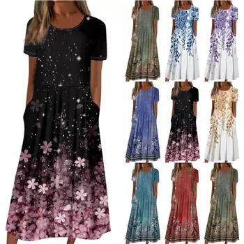 Женское летнее повседневное модное платье с коротким рукавом и карманом с круглым вырезом L чёрный