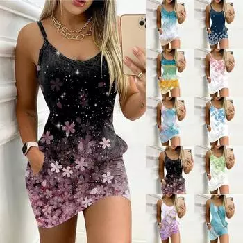 Женское летнее повседневное модное платье с V-образным вырезом и карманом на бретельках S синий