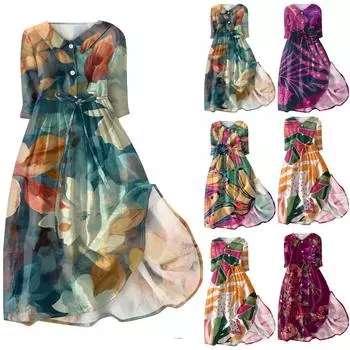 Женское летнее повседневное модное платье с отворотом и пуговицами с рукавами три четверти и ремнем L