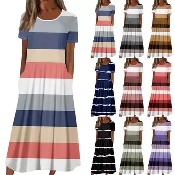 Женское летнее повседневное модное платье с коротким рукавом и карманом с круглым вырезом XXXL