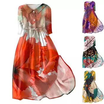 Женское летнее повседневное модное платье с отворотом и пуговицами с рукавами три четверти и ремнем XXXL чёрный