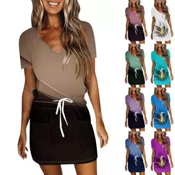 Женское летнее повседневное модное платье с короткими рукавами и V-образным вырезом с принтом L синий