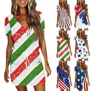 Женское летнее повседневное модное платье с короткими рукавами и кулиской на день независимости L синий