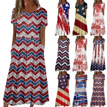 Женское летнее повседневное модное платье с коротким рукавом и карманом на День независимости с коротким рукавом XXXL