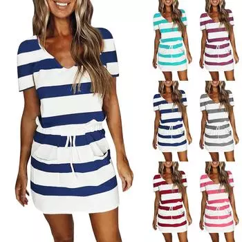 Женское летнее повседневное модное платье с короткими рукавами и V-образным вырезом с принтом L серый