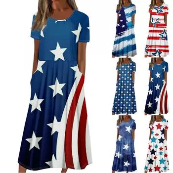 Женское летнее повседневное модное платье с коротким рукавом и карманом на День независимости с коротким рукавом L синий